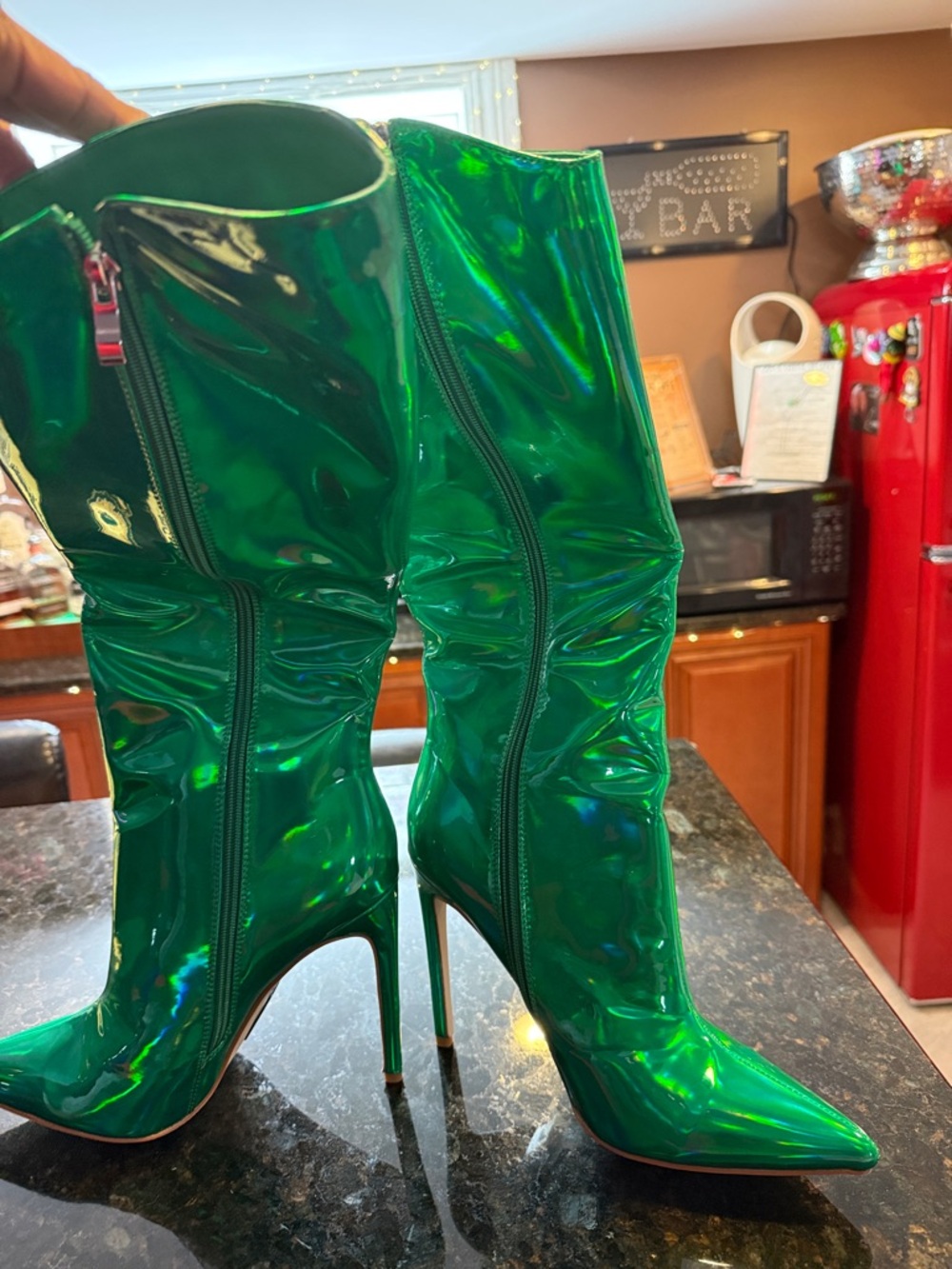 Emerald Patent Stiletto Knee-High Boots - Women's Shiny Heeled Boots
